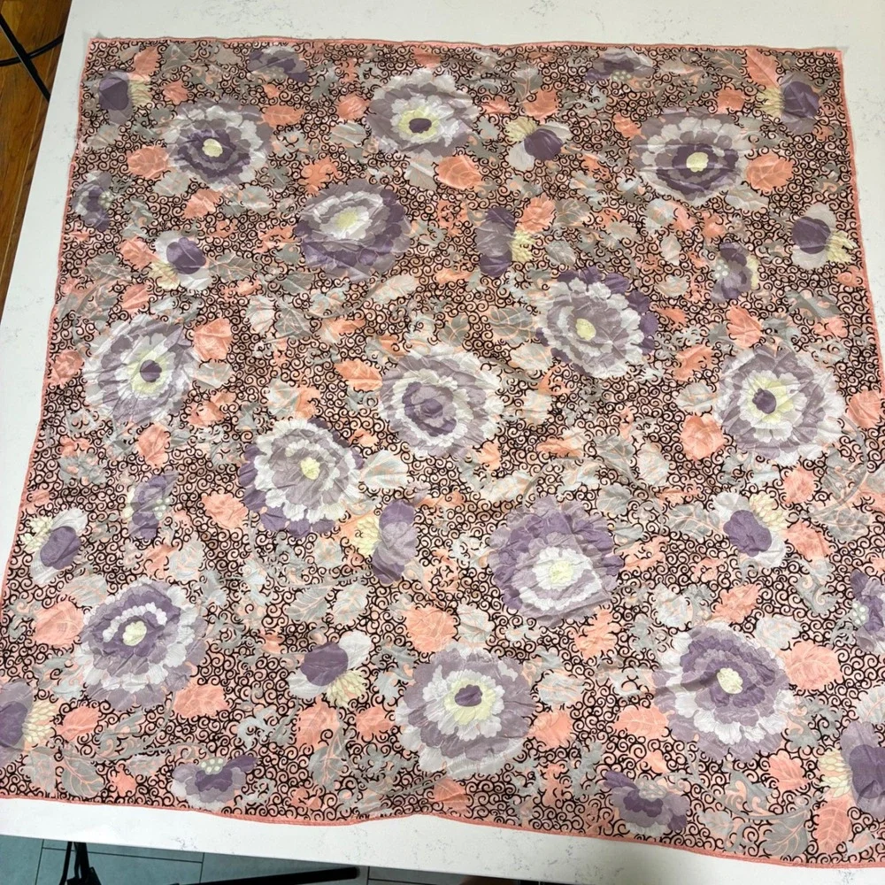 Vtg Oscar de la Renta Scarf Peach Purple Japanese Silk Floral Designer Cottage